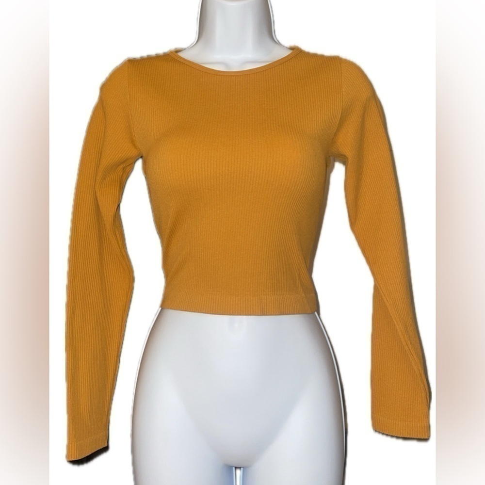 Aura Mustard Yellow Ribbed Stretchy Crew Neck Long Sleeve Crop Top M/L